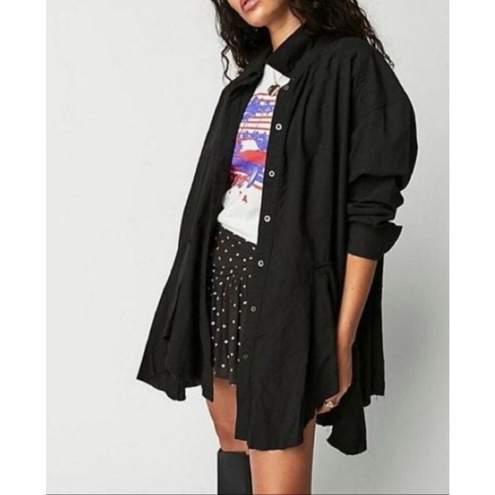 NWT We The Free People Freya Poplin Tunic Blouse Top Black Button Fray - Picture 2 of 6